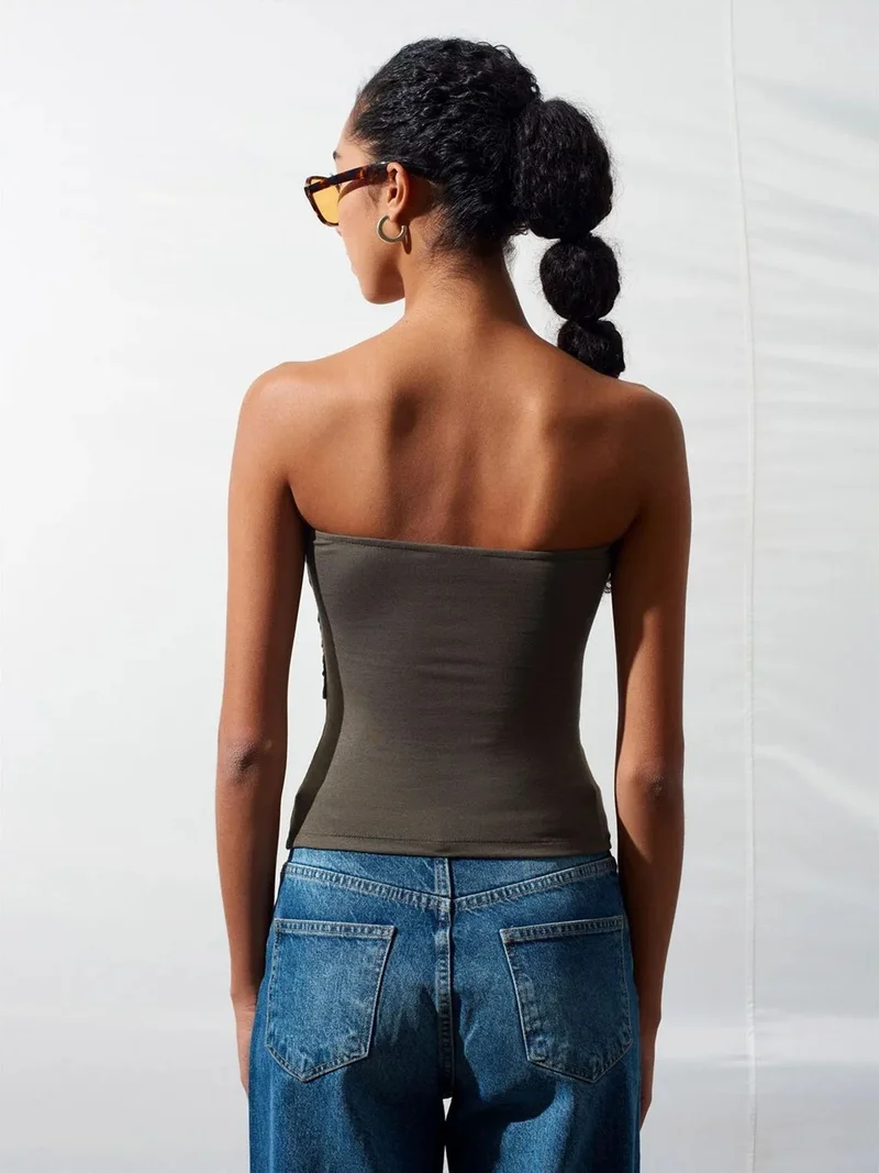 ديلفين Dilvin Strapless Slim-Fit Jersey Blouse With Tie Detail