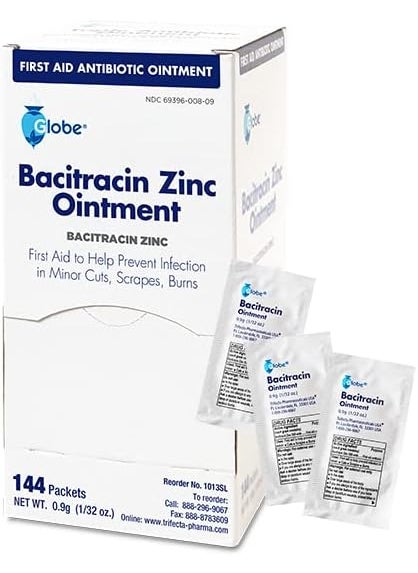 Globe Globe (144 Packets) Bacitracin Antibiotic Zinc Ointment 0.9g Packet. First Aid to Prevent and heal infections for Minor cuts, scrapes and Burns. 