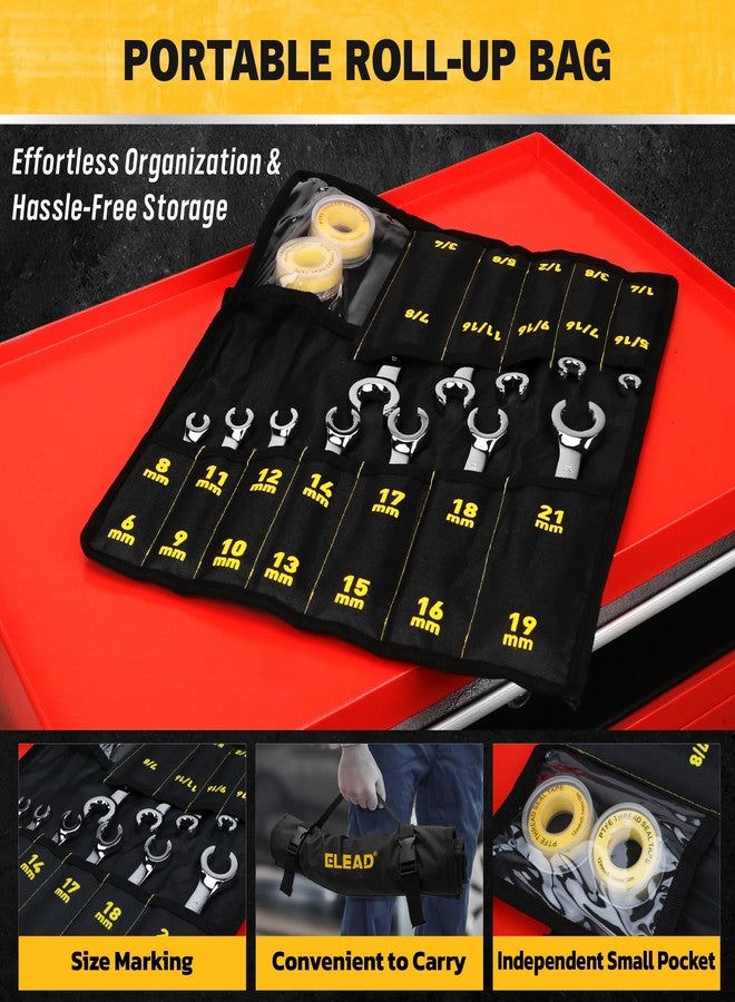 ELEAD مجموعة مفاتيح صواميل ELEAD من 14 قطعة مع شريط PTFE، متري وSAE 1/4"-7/8" و6-21 مم، مجموعة مفاتيح خط الفرامل ذات طرفين مفتوحين مع حقيبة تنظيم لإصلاح وإزالة الصواميل - Image 5