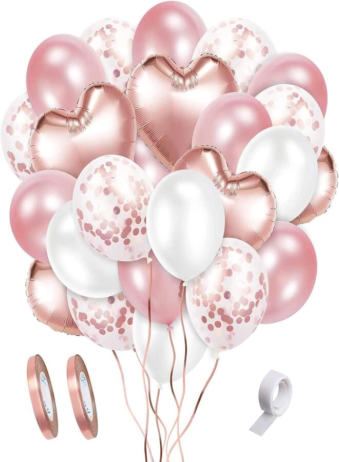 Secret Rose Gold Balloons Set 60 PCS 12 inch Latex Confetti Balloons and 8 PCS 18 inch Heart shaped Foil Balloons with Dot Glue & 2 Roll of Ribbons for Wedding Birthday Party Decoration Supplies