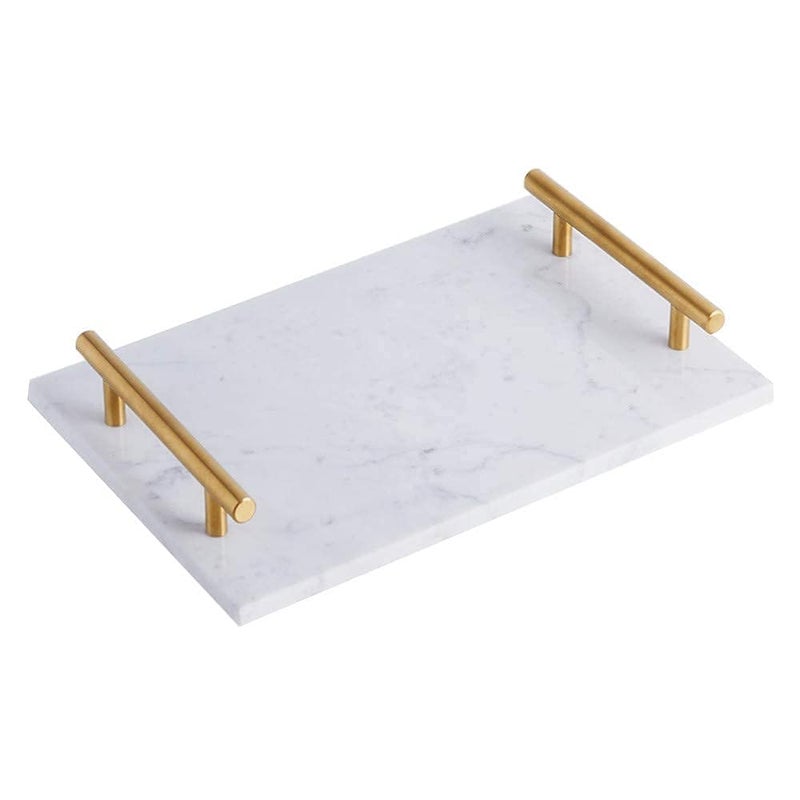 Eddika Natural Rectangular Marble Tray with Gold Metal Handles for Kitchen Bathroom and Coffeshop (Size 12 × 8 inches) - Image 1