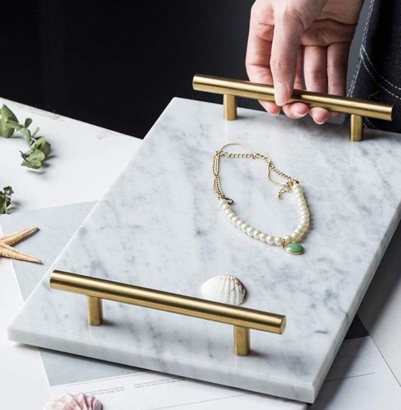 Eddika Natural Rectangular Marble Tray with Gold Metal Handles for Kitchen Bathroom and Coffeshop (Size 12 × 8 inches) - Image 4