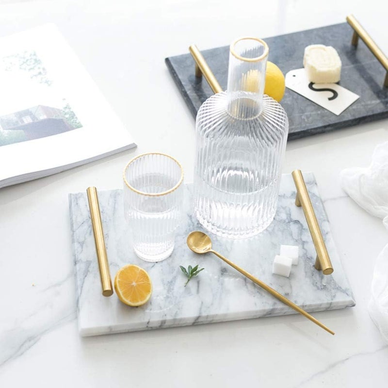 Eddika Natural Rectangular Marble Tray with Gold Metal Handles for Kitchen Bathroom and Coffeshop (Size 12 × 8 inches) - Image 2
