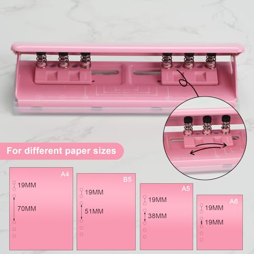 LYHLYA Adjustable 6-Hole Punch - Metal Hole Puncher for A4/A5/A6, Personal & Pocket Planners - 6-Ring Binder Puncher 6-Sheet Capacity, Non-Slip Base, with Ruler & Hole Guide (Pink) - Image 2