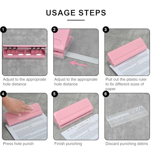 LYHLYA Adjustable 6-Hole Punch - Metal Hole Puncher for A4/A5/A6, Personal & Pocket Planners - 6-Ring Binder Puncher 6-Sheet Capacity, Non-Slip Base, with Ruler & Hole Guide (Pink) - Image 5