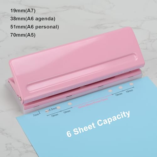 LYHLYA Adjustable 6-Hole Punch - Metal Hole Puncher for A4/A5/A6, Personal & Pocket Planners - 6-Ring Binder Puncher 6-Sheet Capacity, Non-Slip Base, with Ruler & Hole Guide (Pink) - Image 4
