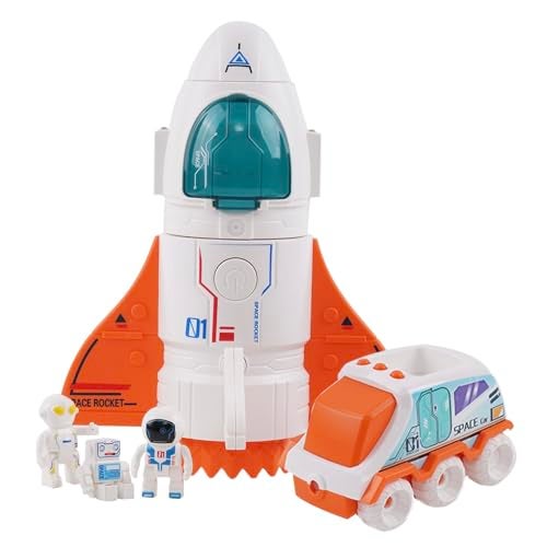 Jomifin Spaceship Toy for Boys Girls Space Shuttle Toys with LightsSound 3 Astronauts Figure Openable Cockpit Spray Exhaust Astro Venture Space Playset with Lunar car Orange - Image 1