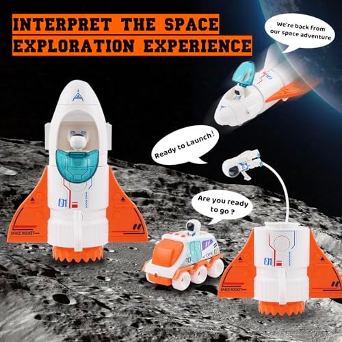 Jomifin Spaceship Toy for Boys Girls Space Shuttle Toys with LightsSound 3 Astronauts Figure Openable Cockpit Spray Exhaust Astro Venture Space Playset with Lunar car Orange - Image 5