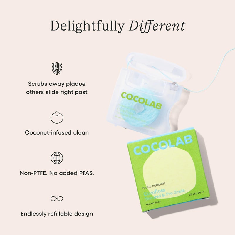 Cocolab Cocofloss Expanding Woven Dental Floss by Cocolab, Waxed Tooth Floss for Daily Oral Care, Coconut Oil Infused, Vegan, for Adults and Kids, Coconut Scent, 1 Pack - Image 2