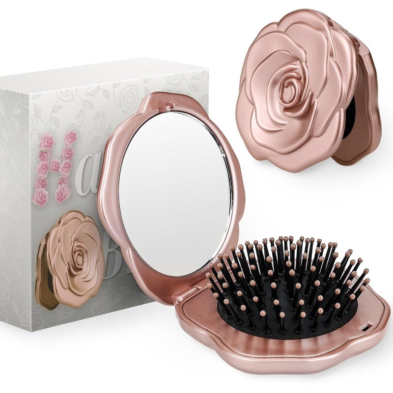 Travel Folding Hair Brush Roses Mini Pocket Mirror Brush Easy to Carry for Small Spaces Nylon BrushCombHairBrush for Women Mens Any Hairstyles Hair and Beards Wet Dry Hair Restore Shine
