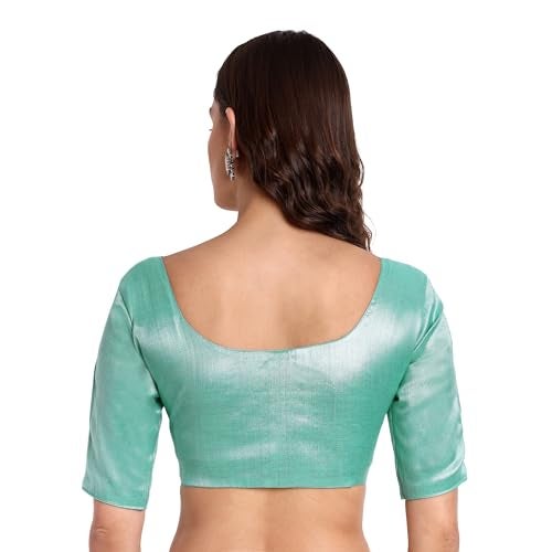 JISB Women's Polycotton Tissue Elbow Length Sleeves Saree Blouse (40, Blue) - Image 2