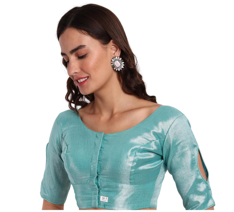 JISB Women's Polycotton Tissue Elbow Length Sleeves Saree Blouse (40, Blue) - Image 3