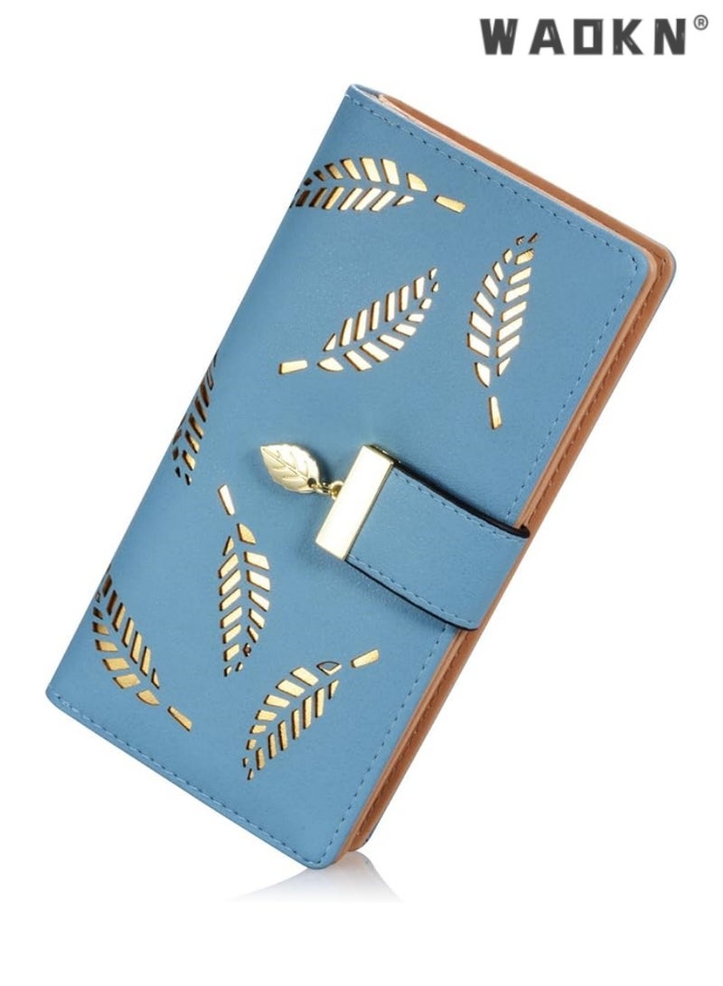 WAOKN Fashionable Women's Preferred Long Leaf Bifold Leather Wallet Card Holder with Delicate Zip Buckle, Elegant Clutch Purse, Multi-functional Storage, Versatile Handbag（Blue）  - Image 1