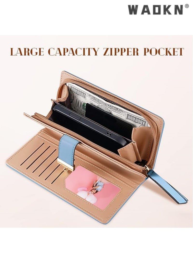 WAOKN Fashionable Women's Preferred Long Leaf Bifold Leather Wallet Card Holder with Delicate Zip Buckle, Elegant Clutch Purse, Multi-functional Storage, Versatile Handbag（Blue）  - Image 2