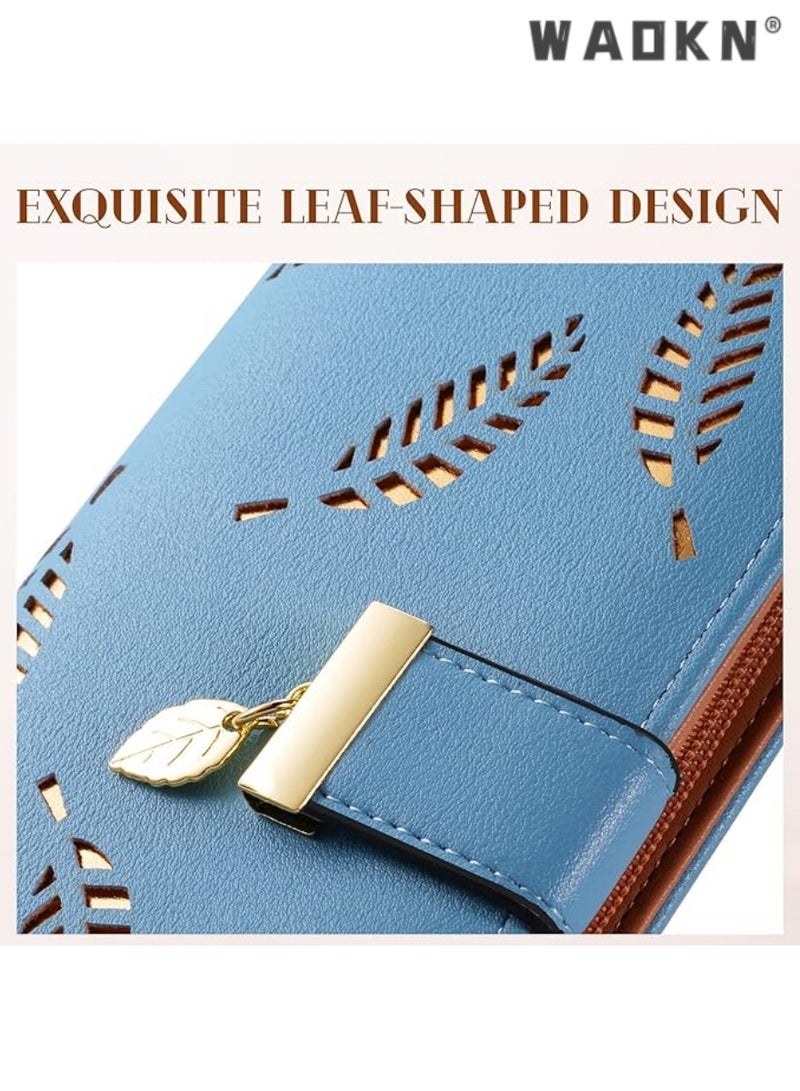 WAOKN Fashionable Women's Preferred Long Leaf Bifold Leather Wallet Card Holder with Delicate Zip Buckle, Elegant Clutch Purse, Multi-functional Storage, Versatile Handbag（Blue）  - Image 3