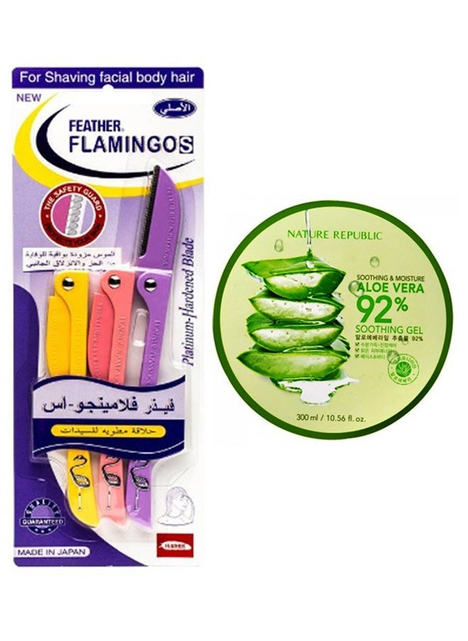 Feather-Flamingo 3-Piece Facial Touch-up Razor Purple/Peach/Yellow AND Soothing And Moisture Aloe Vera Gel Clear 300ml  - Image 1