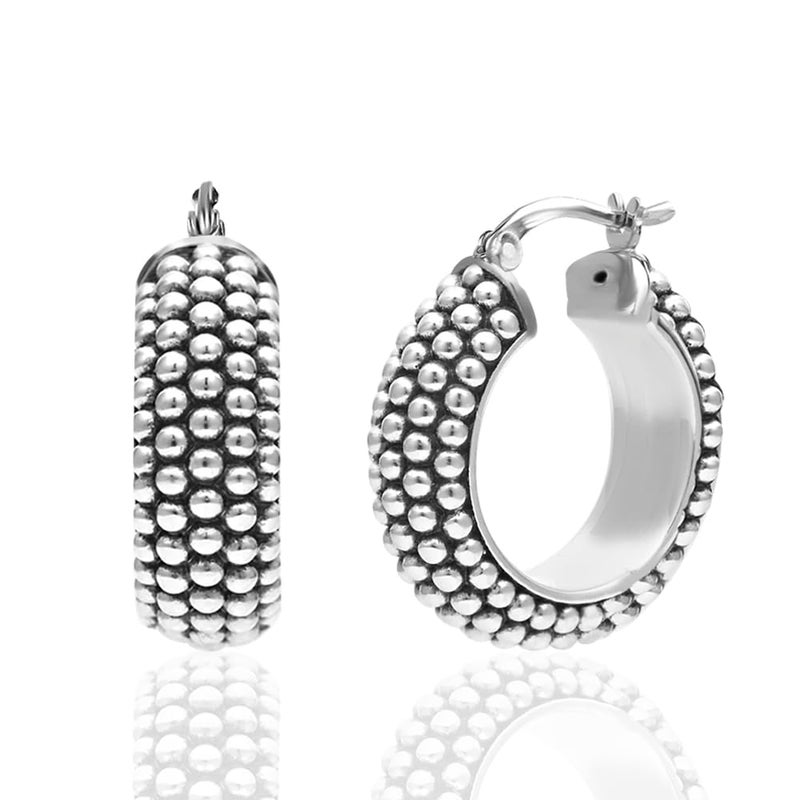 LeCalla Sterling Silver Jewelry Oxidized Light-Weight Click-Top Textured Beaded Antique Hoop Earrings for Women 20mm - Image 1