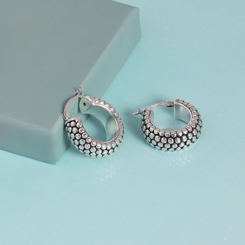 LeCalla Sterling Silver Jewelry Oxidized Light-Weight Click-Top Textured Beaded Antique Hoop Earrings for Women 20mm - Image 3