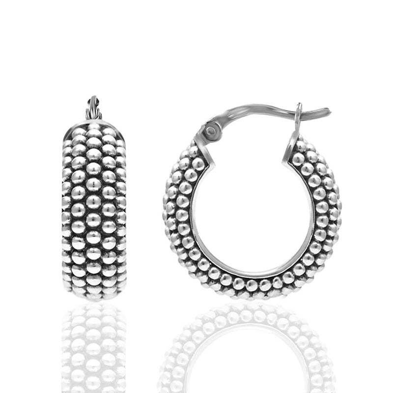 LeCalla Sterling Silver Jewelry Oxidized Light-Weight Click-Top Textured Beaded Antique Hoop Earrings for Women 20mm - Image 4