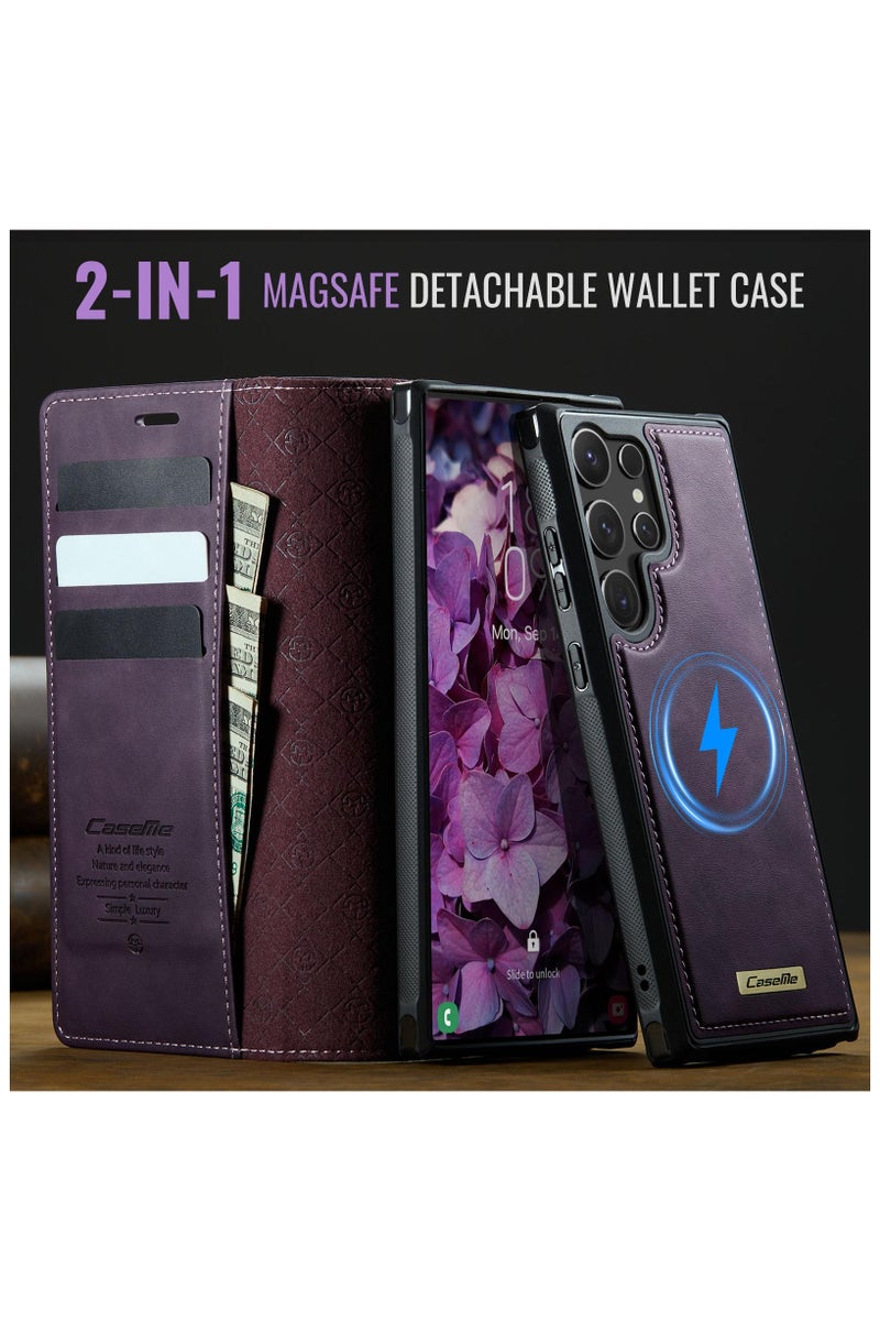 CaseMe C49 Magnetic RFID Blocking Detachable Wallet MagSafe Leather Phone Case for Samsung Galaxy S25 Ultra - Purple - Image 4