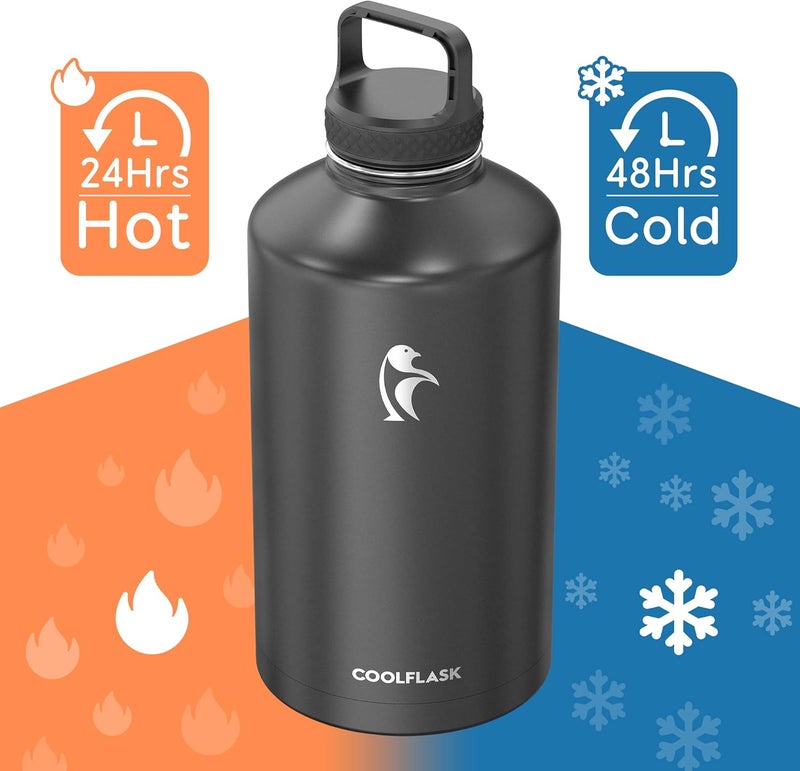 Coolflask Gallon Water Bottle Insulated with Straw&3 Lids, 3.8 L Water Jug Large Stainless Steel Metal Vacuum Wide Mouth for Sports, Gym or Office, BPA-Free Keep Cold 48H Hot 24H, Magic Black - Image 3