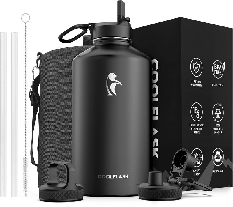 Coolflask Gallon Water Bottle Insulated with Straw&3 Lids, 3.8 L Water Jug Large Stainless Steel Metal Vacuum Wide Mouth for Sports, Gym or Office, BPA-Free Keep Cold 48H Hot 24H, Magic Black - Image 1