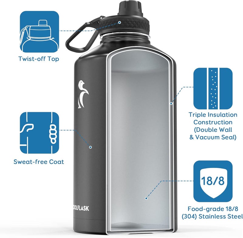 Coolflask Gallon Water Bottle Insulated with Straw&3 Lids, 3.8 L Water Jug Large Stainless Steel Metal Vacuum Wide Mouth for Sports, Gym or Office, BPA-Free Keep Cold 48H Hot 24H, Magic Black - Image 2