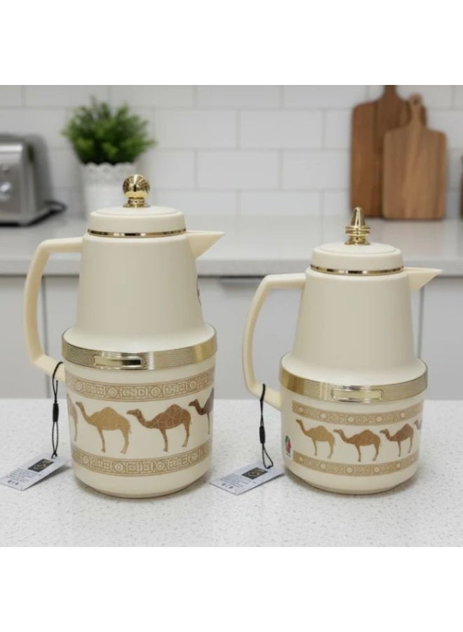 AKDC Hamid Double Set Vacuum Flask 0.7L & 1.0L – White and Cream Camel Print Edition for Traditional Arabic Style Serving - Image 1