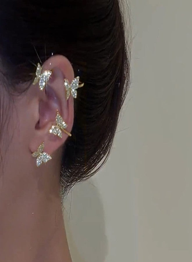 Jumwrit Rhinestone Butterfly Ear Cuffs Non Piercing Ear Clips Ear Cuffs Climber Crawler Earrings Ear Wrap around Earrings for Women（Gold） - Image 3