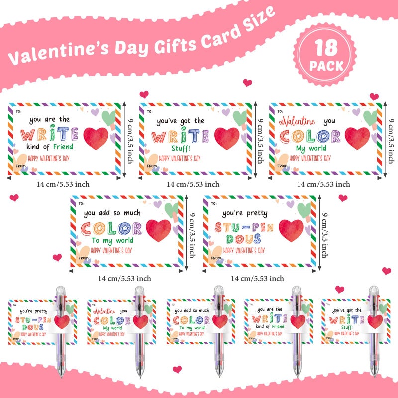 Sabary 18 Set Valentines Day Card and Multicolor Pen Gift Greeting Card and Retractable Multicolored Pen for Kids School Valentine's Day Student Classroom Exchange Gift Party Favor (Clear,6-in-1) - Image 2
