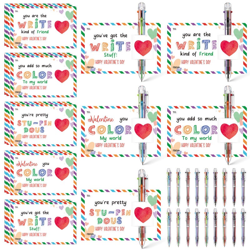 Sabary 18 Set Valentines Day Card and Multicolor Pen Gift Greeting Card and Retractable Multicolored Pen for Kids School Valentine's Day Student Classroom Exchange Gift Party Favor (Clear,6-in-1) - Image 1