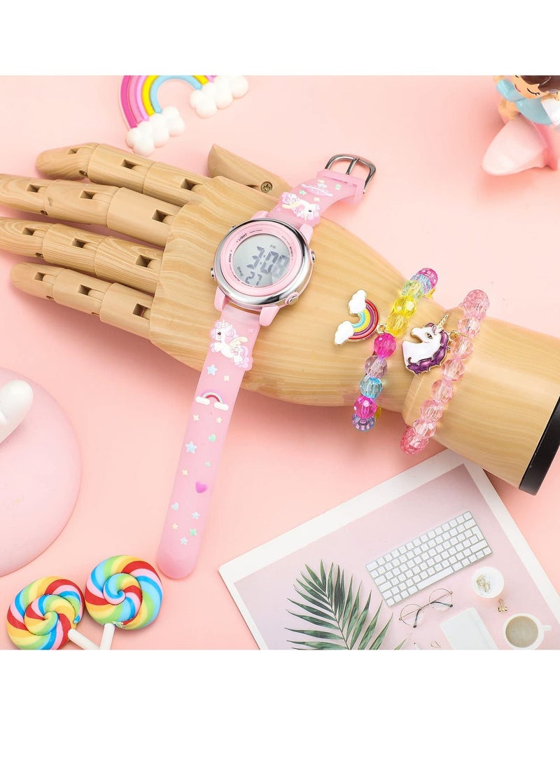 Sweet seven 3 pcs Unicorn-themed Kids Watch Set: Waterproof Digital Watch with Alarm, Stopwatch, and Unicorn Bracelet - impeccable Back to School & Birthday Gift for Girls Ages 3-10 Pink  - Image 1