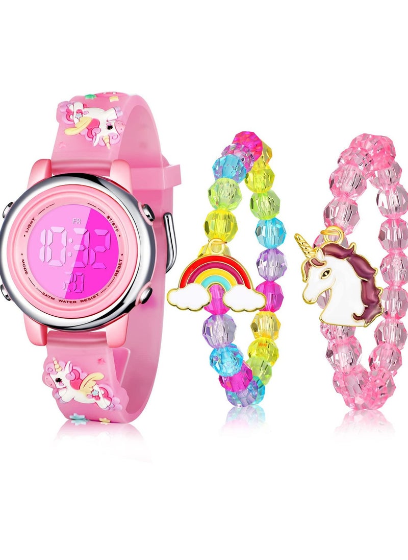 Sweet seven 3 pcs Unicorn-themed Kids Watch Set: Waterproof Digital Watch with Alarm, Stopwatch, and Unicorn Bracelet - impeccable Back to School & Birthday Gift for Girls Ages 3-10 Pink  - Image 2
