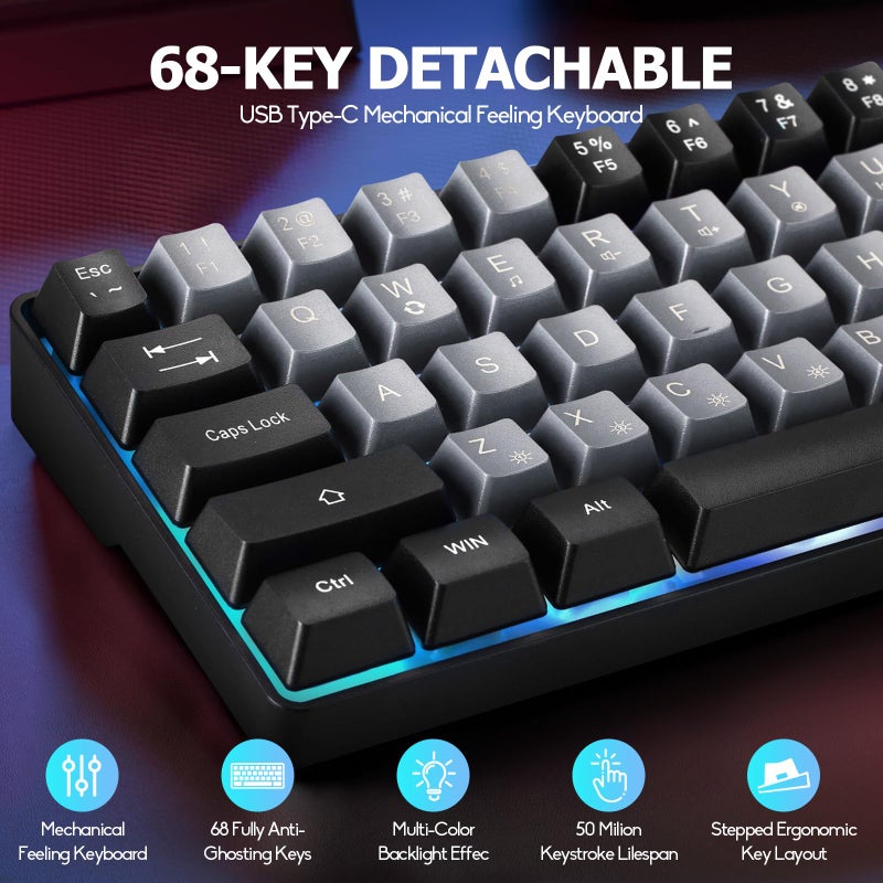 Guiheng Wired Portable 60% Mechanical Feeling Gaming Keyboard,RGB LED Backlit Compact 68 Keys Mini Wired Office Keyboard for Windows Laptop PC Mac Gamer, Typist, Travel on Business Trip -Grey and Black - Image 5