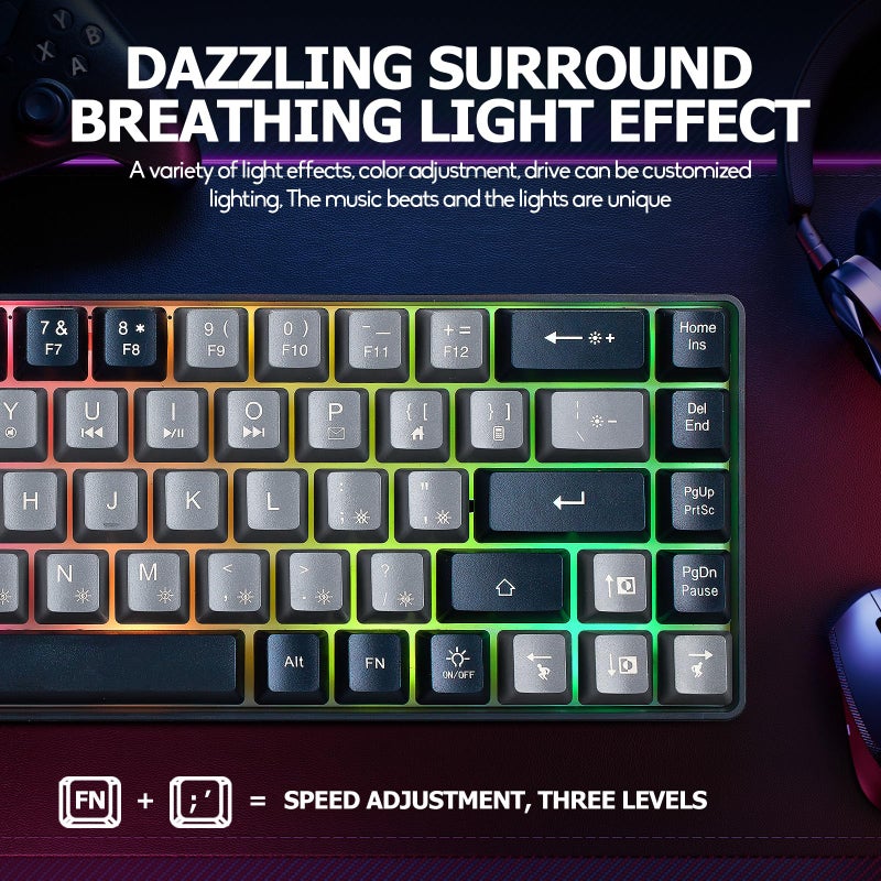 Guiheng Wired Portable 60% Mechanical Feeling Gaming Keyboard,RGB LED Backlit Compact 68 Keys Mini Wired Office Keyboard for Windows Laptop PC Mac Gamer, Typist, Travel on Business Trip -Grey and Black - Image 3