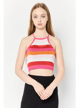 As You Women Halter Neck Sleeveless Stripe Pattern Crop Top, Multicolor  - Image 1