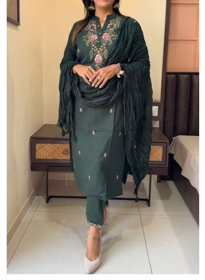 IndHeritage - Premium dark green colour, cotton 3 piece kurti set - IDH00212 - Image 2