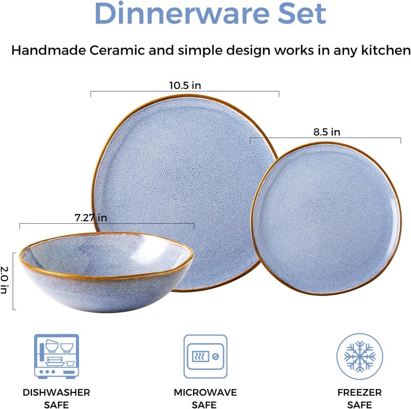 AmorArc أطقم أدوات المائدة الخزفية من AmorArc مجموعة من الأطباق والأوعية المصنوعة يدويًا بتزجيج تفاعلي مقاوم للتشقق والرقائق آمنة في غسالة الصحون والميكروويف خدمة لـ 8 أشخاص 24 قطعة باللون الأزرق التفاعلي - Image 2