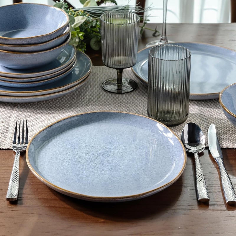 AmorArc أطقم أدوات المائدة الخزفية من AmorArc مجموعة من الأطباق والأوعية المصنوعة يدويًا بتزجيج تفاعلي مقاوم للتشقق والرقائق آمنة في غسالة الصحون والميكروويف خدمة لـ 8 أشخاص 24 قطعة باللون الأزرق التفاعلي - Image 5