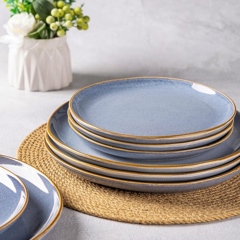 AmorArc أطقم أدوات المائدة الخزفية من AmorArc مجموعة من الأطباق والأوعية المصنوعة يدويًا بتزجيج تفاعلي مقاوم للتشقق والرقائق آمنة في غسالة الصحون والميكروويف خدمة لـ 8 أشخاص 24 قطعة باللون الأزرق التفاعلي - Image 3