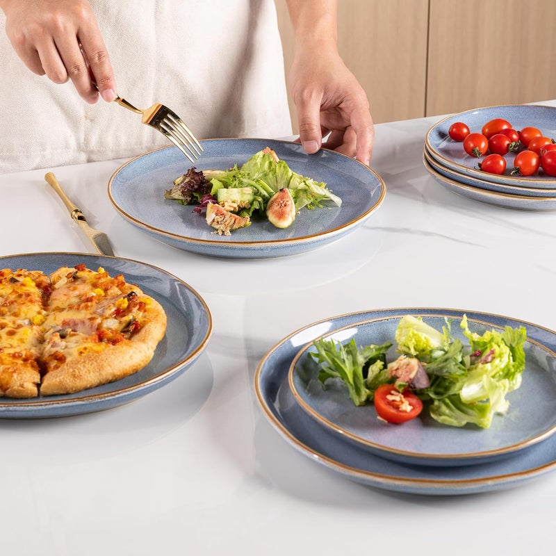 AmorArc أطقم أدوات المائدة الخزفية من AmorArc مجموعة من الأطباق والأوعية المصنوعة يدويًا بتزجيج تفاعلي مقاوم للتشقق والرقائق آمنة في غسالة الصحون والميكروويف خدمة لـ 8 أشخاص 24 قطعة باللون الأزرق التفاعلي - Image 4