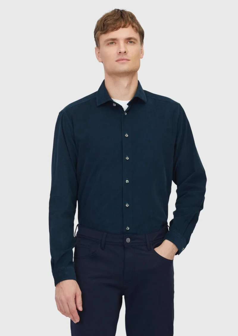 Ramsey Petrol Blue Plain Long Weaving Casual 100% Cotton Shirt