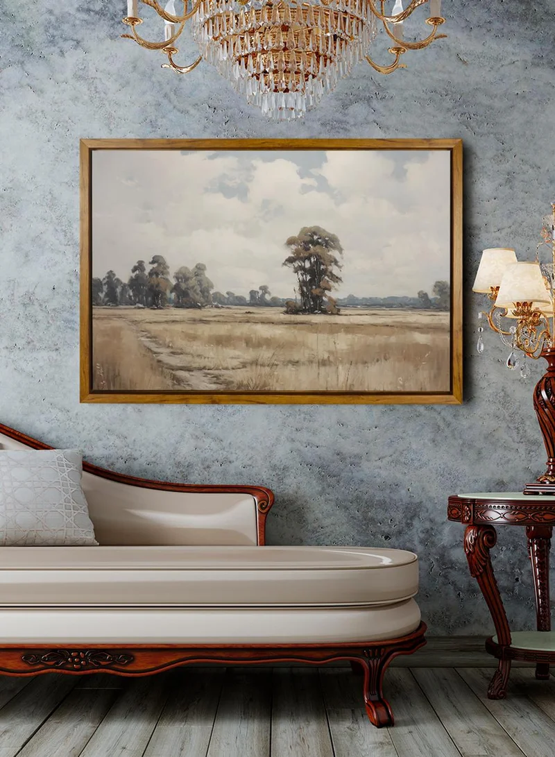 LOWHA Canvas Wall Art Stretched Over Wooden Frame with Wooden Color Floating Frame and Vintage Style Trees Painting