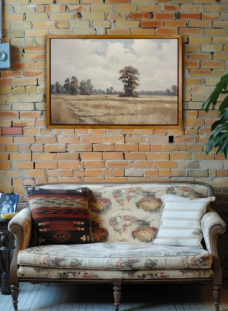 LOWHA Canvas Wall Art Stretched Over Wooden Frame with Wooden Color Floating Frame and Vintage Style Trees Painting