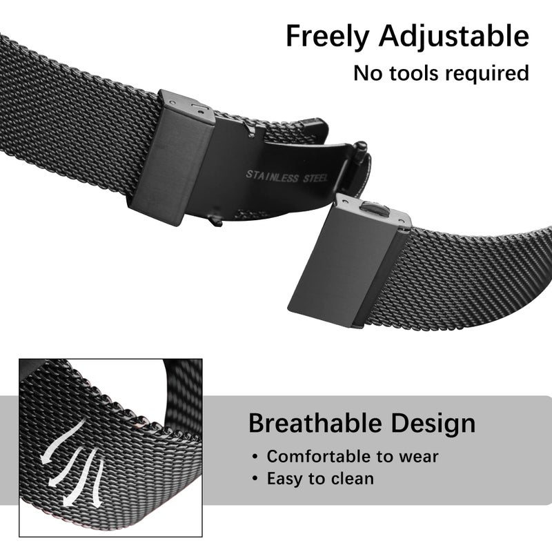 EACHE Stainless Steel Mesh Watch Band for Men Quick Release Adjustable Mesh Watch Straps 20mm Black - Image 3