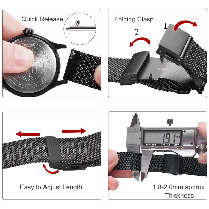 EACHE Stainless Steel Mesh Watch Band for Men Quick Release Adjustable Mesh Watch Straps 20mm Black - Image 4