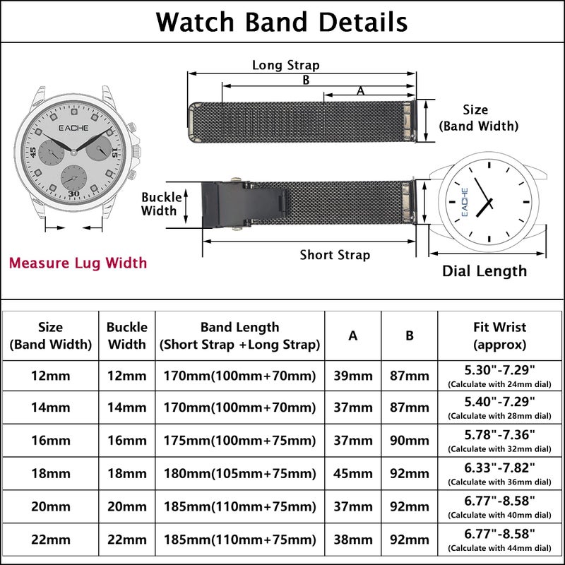 EACHE Stainless Steel Mesh Watch Band for Men Quick Release Adjustable Mesh Watch Straps 20mm Black - Image 2