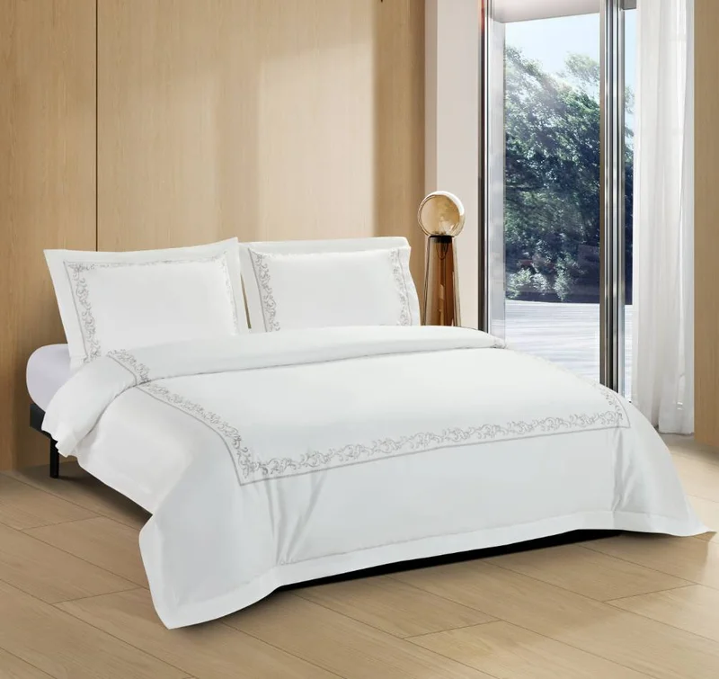 DWELL Dwell-Coral Embroidered Duvet Cover Set - Grey-Duvet Cover - 260 x 240 CM, Fitted Sheet - 200 x 200 x 38 CM Pillow cases 50 x 80CM-White/Grey