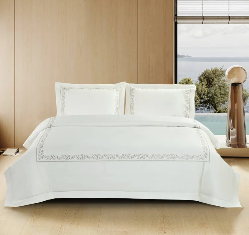 DWELL Dwell-Coral Embroidered Duvet Cover Set - Grey-Duvet Cover - 260 x 240 CM, Fitted Sheet - 200 x 200 x 38 CM Pillow cases 50 x 80CM-White/Grey