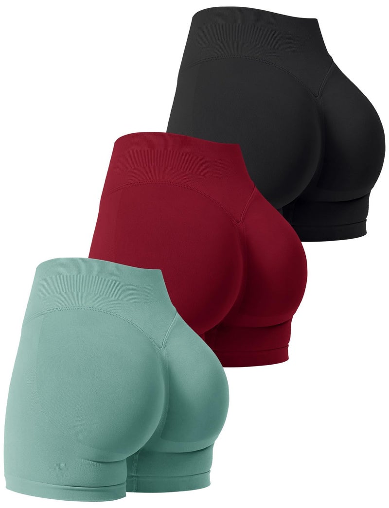 Niipty 3 Pack Workout Gym Shorts Women Scrunch Butt Lifting Seamless High Waist Yoga Booty Shorts for Women - Black+Red+Green S - Image 1